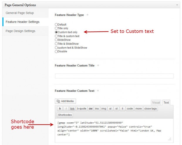 Insert striking Gmap Shortcode in Feature Header Custom text area